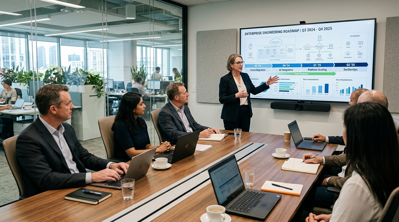 VP of Engineering presenting technical roadmap in an enterprise boardroom review