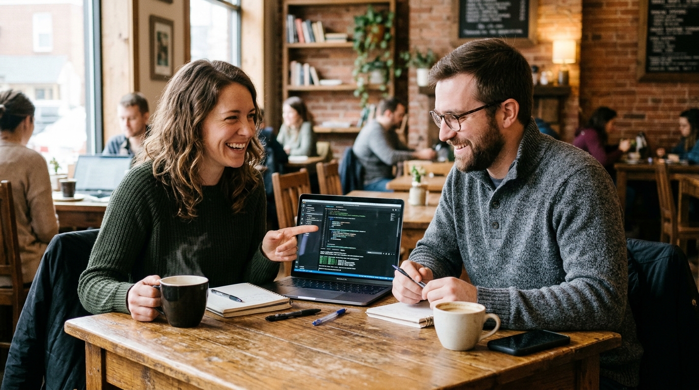 Two friendly developers laughing and reviewing code together at a wooden cafe table