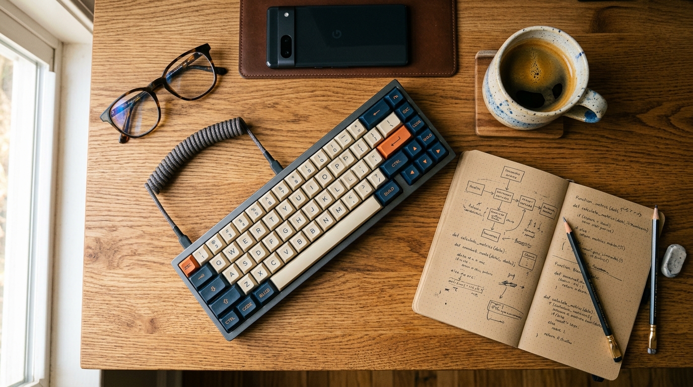 Mechanical keyboard, coffee, and handwritten notebook on an oak desk