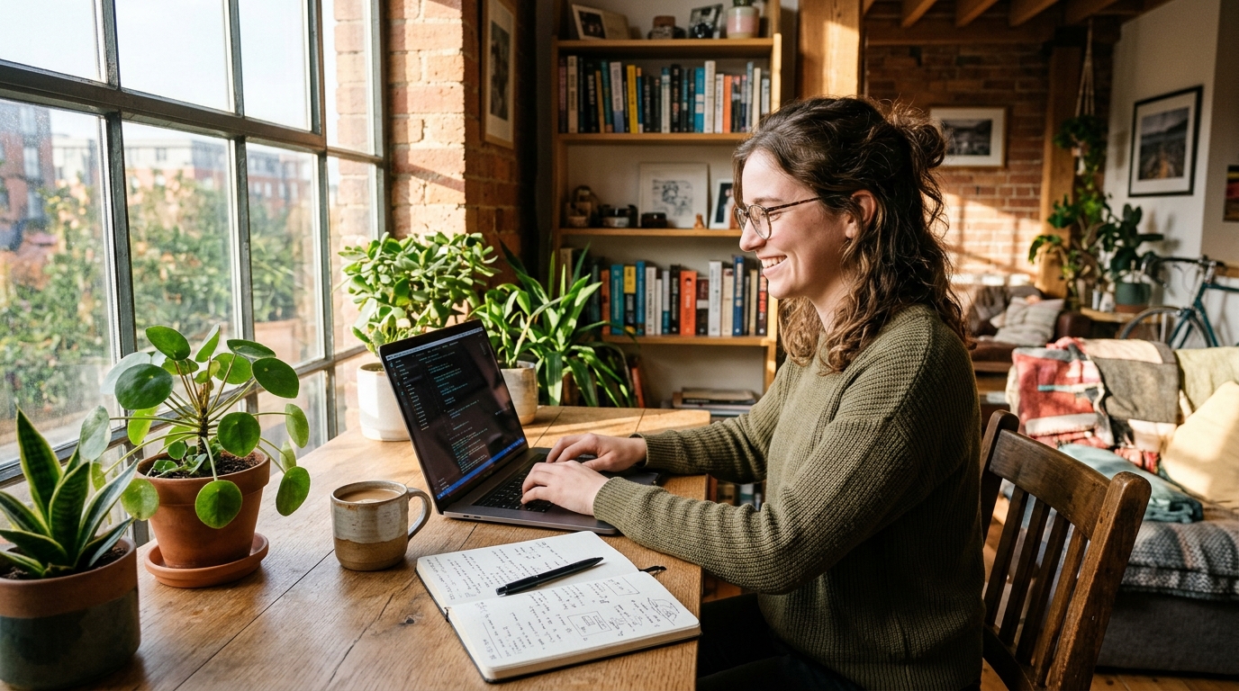 A software developer in a warm sunlit loft studio working with a laptop, notebook and coffee