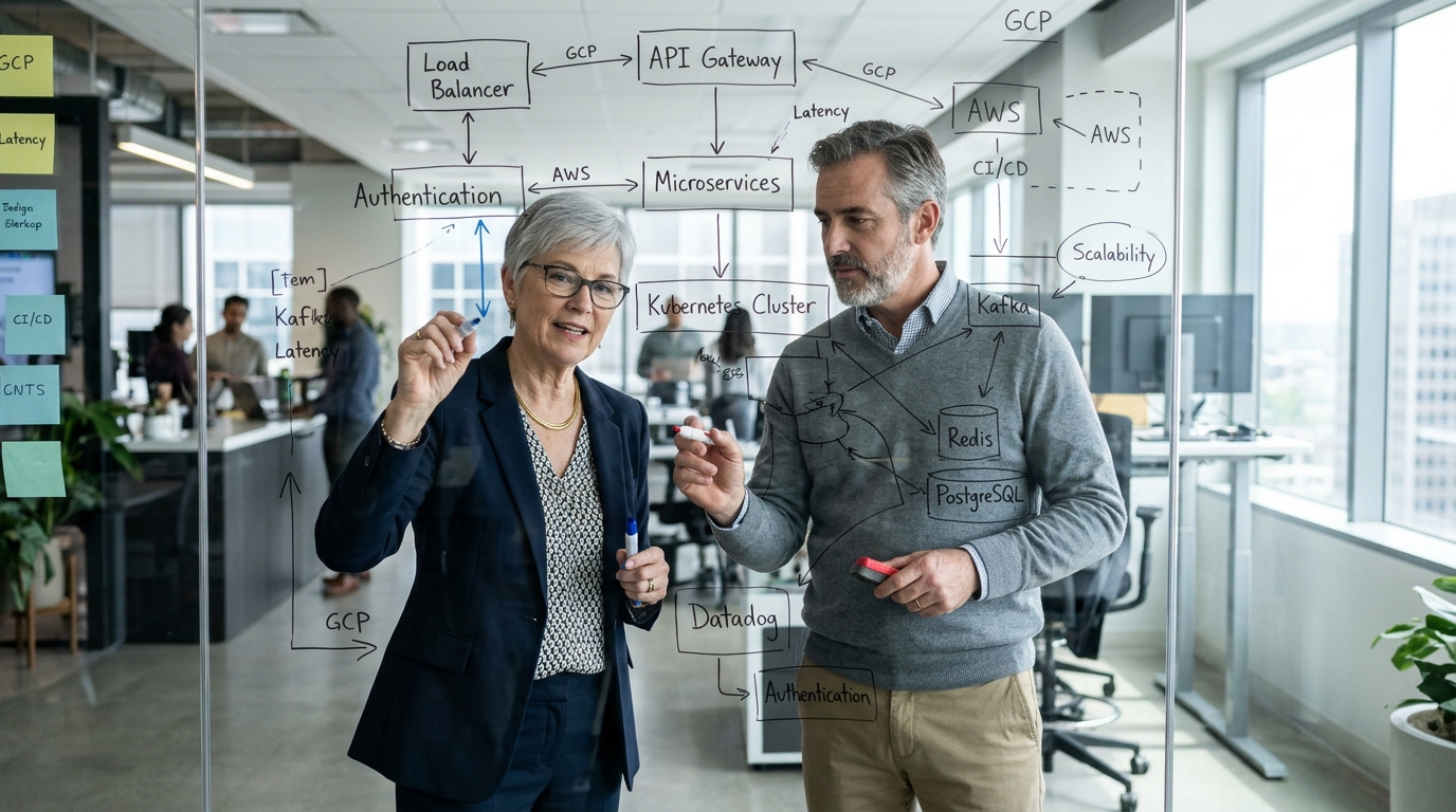 Systems architect and principal engineer whiteboarding microservices and database clustering